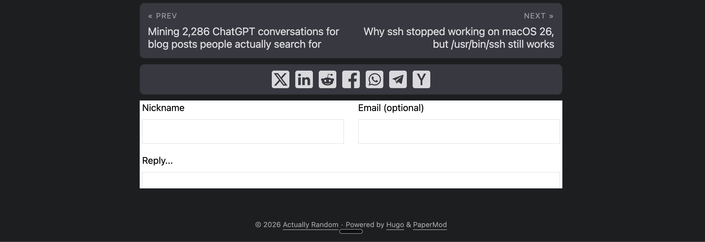 The Cusdis comment form clipped to a 150 pixel tall white box on a dark page, showing only the Nickname and Email fields with Reply cut off at the bottom