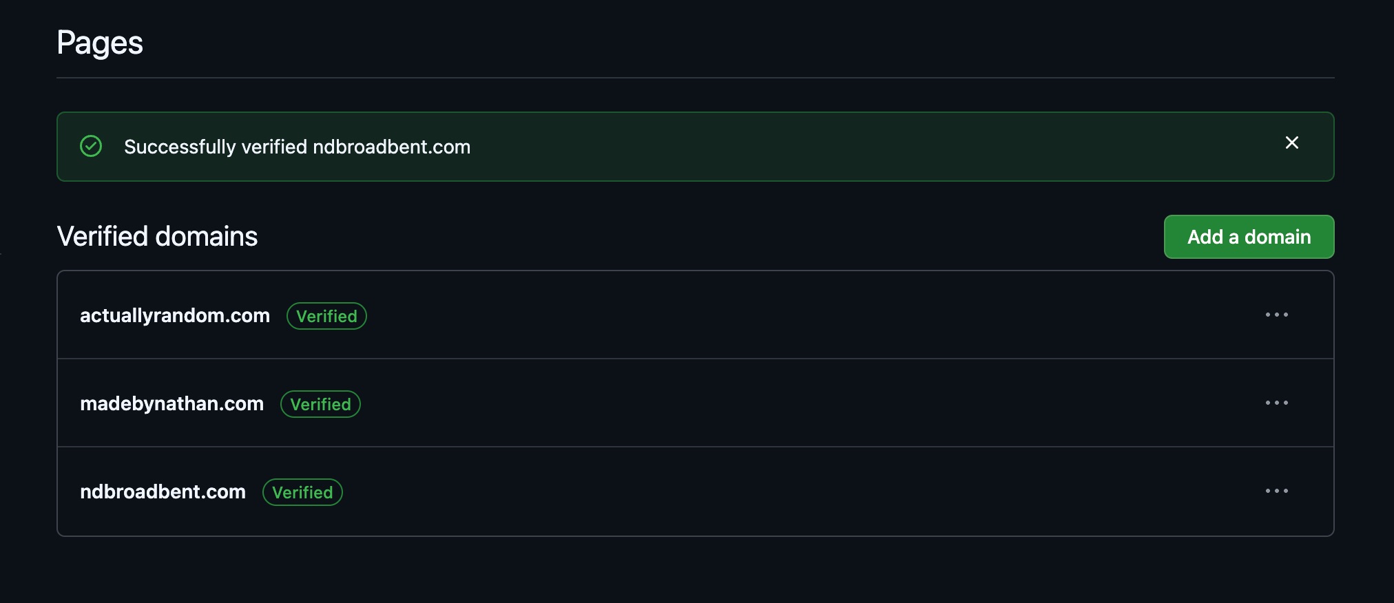 The GitHub Pages settings page, showing actuallyrandom.com, madebynathan.com and ndbroadbent.com all marked as Verified